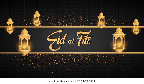 Eid al fitr islamic design with golden lantern and glitter black background. vector illustration for holy month ramadan celebration.