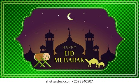 Eid Al Fitr islamic greetings eid mubarak card design with beautiful Mosque silhouette,camel,bedug