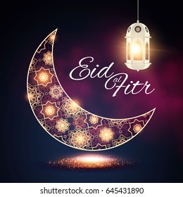 Eid al Fitr. Islamic Holiday. Muslim Feast. Eid Mubarak. Ramadan Kareem. Eid Said. Shining Felegree Moon and Lantern. Vector illustration