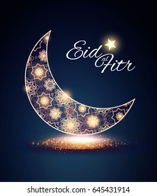 Eid al Fitr. Islamic Holiday. Muslim Feast. Eid Mubarak. Ramadan Kareem. Eid Said. Gold Crescent. Felegree Moon and Lights.. Vector illustration
