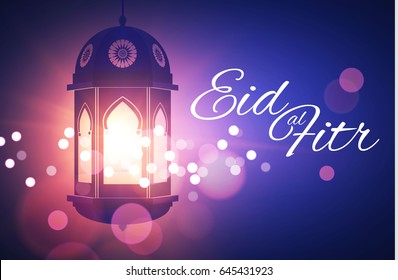 Eid al Fitr. Islamic Holiday. Muslim Feast. Eid Mubarak. Ramadan Kareem.  Shining Lanterns Night Background with Bokeh Effect. Vector illustration