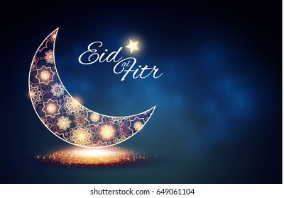 Eid al Fitr. Islamic Holiday. Muslim Feast. Eid Mubarak. Ramadan Kareem. Eid Said. Gold Crescent. Felegree Moon and Lights.. Vector illustration