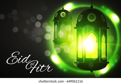 Eid al Fitr. Islamic Holiday. Muslim Feast. Eid Mubarak. Ramadan Kareem. Eid Said. Shining Lanterns Night Background with Bokeh Effect. Vector illustration