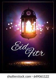 Eid al Fitr. Islamic Holiday. Muslim Feast. Eid Mubarak. Ramadan Kareem. Eid Said. Shining Lanterns Night Background with Bokeh Effect. Vector illustration