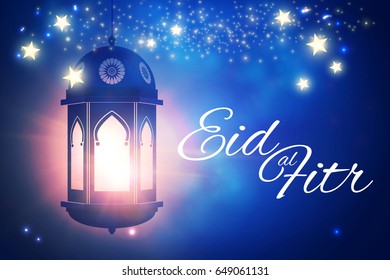 Eid al Fitr. Islamic Holiday. Muslim Feast. Eid Mubarak. Ramadan Kareem. Eid Said. Shining Lanterns Night Background with Bokeh Effect. Vector illustration