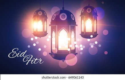 Eid al Fitr. Islamic Holiday. Muslim Feast. Eid Mubarak. Ramadan Kareem. Eid Said. Shining Lanterns Night Background with Bokeh Effect. Vector illustration