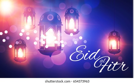 Eid al Fitr. Islamic Holiday. Muslim Feast. Eid Mubarak. Ramadan Kareem. Eid Said. Shining Lanterns Night Background with Bokeh Effect and Light Garland. Vector illustration