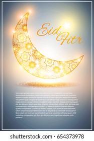 Eid al Fitr. Islamic Holiday. Muslim Feast. Eid Mubarak. Ramadan Kareem. Eid Said. Gold Crescent. Filigree Moon and Lights.. Vector illustration