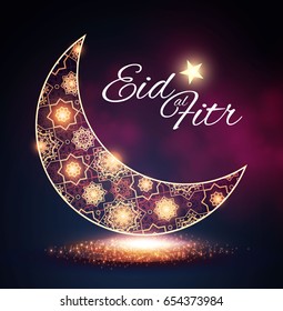 Eid al Fitr. Islamic Holiday. Muslim Feast. Eid Mubarak. Ramadan Kareem. Eid Said. Gold Crescent. Filigree Moon and Lights.. Vector illustration