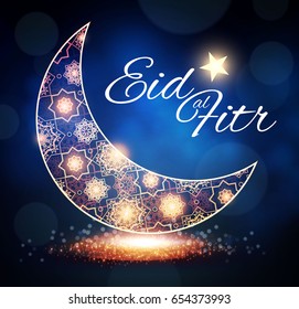 Eid al Fitr. Islamic Holiday. Muslim Feast. Eid Mubarak. Ramadan Kareem. Eid Said. Gold Crescent. Filigree Moon and Lights.. Vector illustration