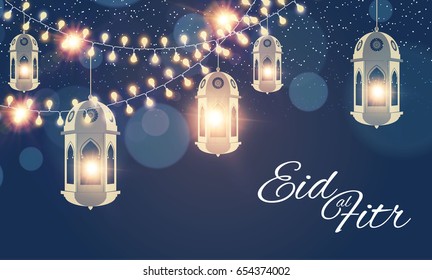 Eid al Fitr. Islamic Holiday. Muslim Feast. Eid Mubarak. Ramadan Kareem. Eid Said. Shining Lanterns Night Background with Bokeh Effect and Light Garland. Vector illustration