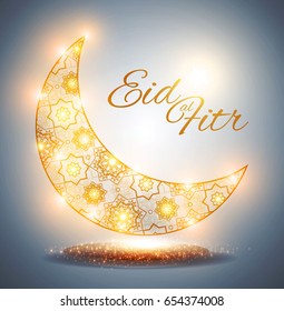 Eid al Fitr. Islamic Holiday. Muslim Feast. Eid Mubarak. Ramadan Kareem. Eid Said. Gold Crescent. Filigree Moon and Lights.. Vector illustration