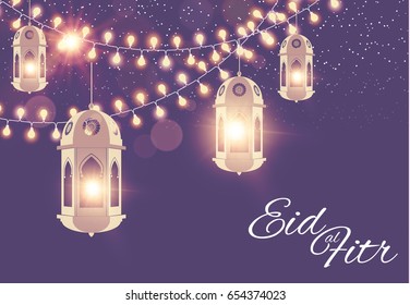 Eid al Fitr. Islamic Holiday. Muslim Feast. Eid Mubarak. Ramadan Kareem. Eid Said. Shining Lanterns Night Background with Bokeh Effect and Light Garland. Vector illustration