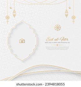 Eid al Fitr Islamic luxury greeting card social media post with Arabic lanterns and a photo frame