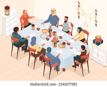 Eid al fitr isometric background with family sitting at laid table with festive treat vector illustration