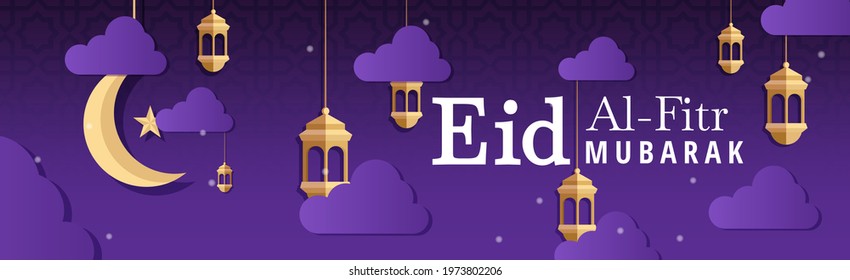 Eid Al Fitr Landscape Islamic Background with Lanterns and Crescent Element. Simple Paper cut Clouds