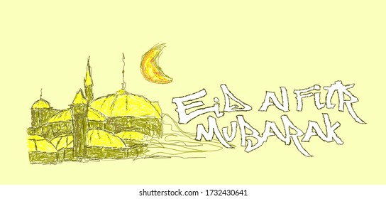 eid al fitr is mean muslim event, Design for greating card, label and poster with scribble arabic calligraphy illustration