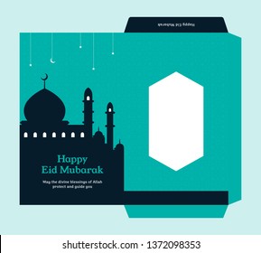 Eid al fitr money envelope for islam great day celebration gift template design with mosque silhouette background . ready to print die cut vector graphic.