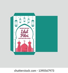 Eid al fitr money envelope for islam great day celebration gift template design with mosque vector, Happy Eid Mubarak ( Selamat Idul Fitri)