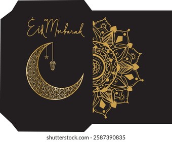 Eid al fitr money envelope for Islamic great day with moon and mandala Islamic, black background