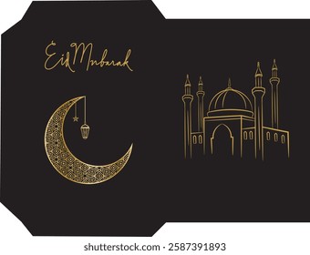 Eid al fitr money envelope for Islamic great day with moon and mosque, black background