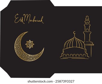 Eid al fitr money envelope for Islamic great day with moon and mandala Islamic, black background