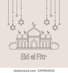 Eid al Fitr Mosque Illustration with Crescent Moon and Stars