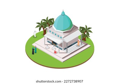 Eid al fitr mosque in isometric view. Suitable for Diagrams, Infographics, Book Illustration, Game Asset, And Other Graphic Related Assets