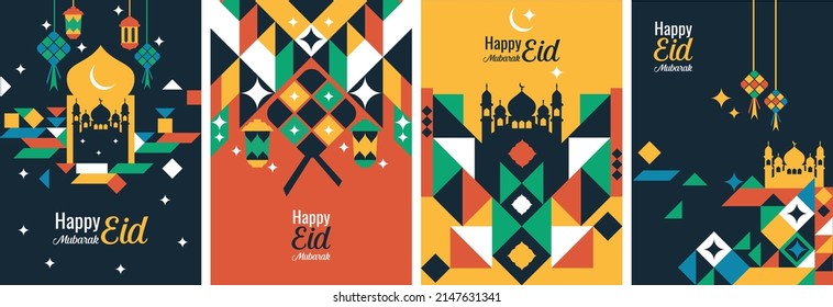 Eid Al Fitr Mubarak Abstract Geometric Wallpaper Background. Islamic Poster And Banner Rectangle, Triangle, Circle Element. Vector Illustration