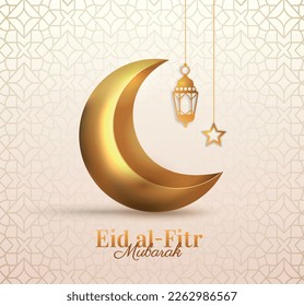 Eid al Fitr Mubarak banner. Islamic holiday or festival, traditions and religion, oriental and arabic culture. Greeting postcard. Lamp, star and holy crescent. Realistic 3D vector illustration