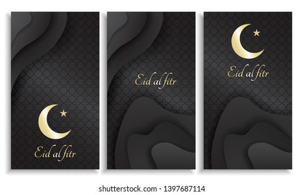 Eid Al Fitr Mubarak Black And Gold Background Paper Cut Vector Set Greeting Card.