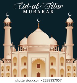 Eid Al Fitr Mubarak calligraphy with mosque banner template 