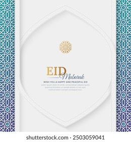 Eid al Fitr Mubarak colorful Islamic greeting card with Arabic style pattern and border frame