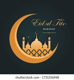 Eid al Fitr Mubarak in a dark green background with a golden moon and a mosque. Banner for traditional Islamic holidays. Luxury style. Vector illustration