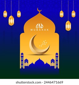 Eid al Fitr or eid mubarak  design concept marking the end of Ramadan and the Festival of Breaking the Fast in gold and midnight blue with text, vector illustration