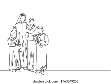 Eid Al Fitr Mubarak greeting card, banner and poster design. One continuous line drawing of muslim Arabian family - Islamic father, mother, daughter and son. Single line draw vector illustration