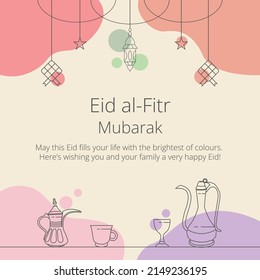 Eid al fitr Mubarak greeting card invitation. monoline vector on pastel background