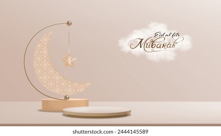 Eid al fitr Mubarak greeting design with Crescent Moon and Star hanging on 3D podium on Beige background.Vector Backdrop of Religion of Muslim Symbolic for Eid al Adha,Ramadan Kareem