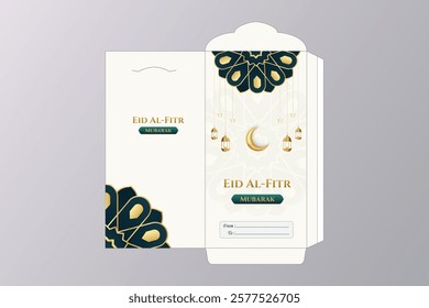 Eid Al fitr Mubarak greeting envelope design. Happy Eid Al fitr Mubarak with mandala lanterns moon and stars illustration