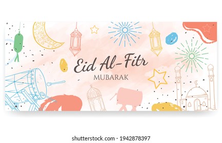 Eid Al Fitr mubarak, hand painted in pastel colors. doodle style. Horizontal poster, greeting card, header for website