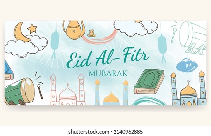 Eid Al Fitr mubarak, hand painted in pastel colors. doodle style. Horizontal poster, greeting card, header for website