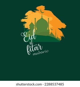 Eid Al Fitr Mubarak, hand painted in green colours. mosque with clouds. Horizontal poster, greeting card, header for website