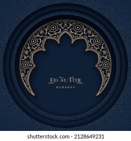 Eid al Fitr mubarak islamic luxure ornamental background on a dark backdrop. Vector greeting card.