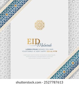 Eid al Fitr Mubarak Tarjeta de felicitación islámica con patrón de estilo árabe y marco de frontera