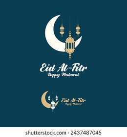 Eid al Fitr Mubarak logo design with the concept of lanterns and mosques. Logo for greetings, friendship, Muslims and celebration
