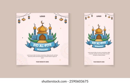 Eid al Fitr Mubarak Social media post template design set with Islamic mosque, mandala, lamp vector