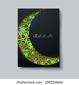 Eid al Fitr. Eid Mubarak. Vector islamic religious illustration of crescent moon with green emerald crystal mosaic. Golden girih pattern. Muslim holy month Ramadan poster design. Holiday poster