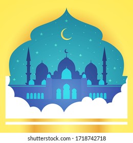 Eid Al Fitr. Eid Mubarak vector greeting. Eid Mubarak. Eid-Al-Fitr mubarak. Mosque in clouds with moon and stars on its forehead, framed in silhouette. Eid Mubarak for muslim community festival