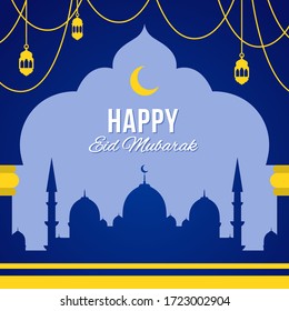 Eid Al Fitr. Saludo vectorial de Eid Mubarak. Eid-Al-Fitr mubarak.Feliz Eid Mubarak. Festival de la Comunidad Musulmana, celebración del Ramadán Kareem. mezquitas con luna enmarcada en los arcos