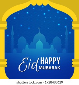 Eid Al Fitr. Eid Mubarak vector greeting.  Eid-Al-Fitr mubarak. Mosque with moon and stars on its forehead, framed in in golden silhouette Eid adha mubarak. Muslim Community Festival, Ramadan Kareem
